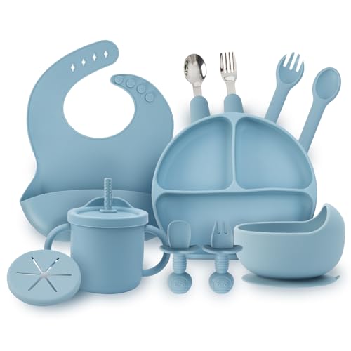 Image of Baby Silicone Feeding Set, 13PCS Baby Self Feeding Set, Toddler Led Weaning Utensils Sets with Suction Bowl and Plate, 3 Set of Baby Spoons and Forks, Adjustable Bid, Sippy Cup with Straw and 2 Lids