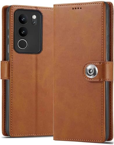 Image of Genuine Leather Finish Flip Cover Compatible Model for Vivo V2250 / V29 5G / V29Pro 5G | Inside Back TPU Wallet Stylish Button Magnetic Closure for vivo V29 5G - Brown