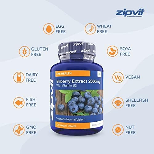 Bilberry Extract 2000mg with Added Vitamin B2, 120 Vegan Tablets. Vegetarian Society Approved.