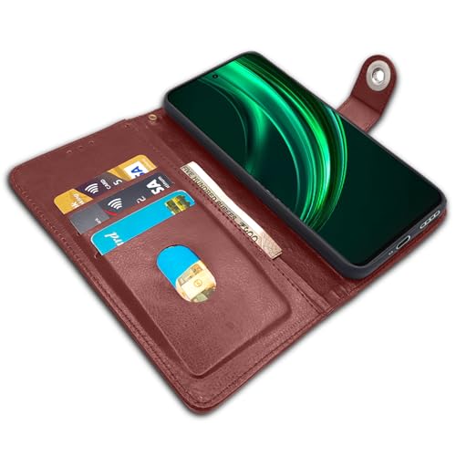Image of Pikkme Flip Cover Leather Finish | Inside TPU with Card Pockets | Wallet Stand and Shock Proof | Complete Protection Button Flip Case for Realme 13 Plus 5G / Realme P1 Speed 5G (Brown)