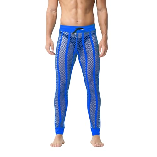 Mens Fishnet Striped Lounge Pants Sexy Mesh See Through Pyjama Pants with Drawstring