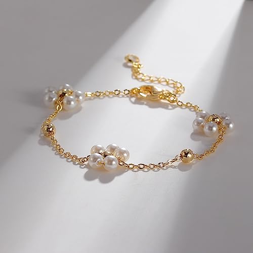 Gold Bracelet for Women, 14K Gold Plated Daisy Pearl Bead Tennis Chunky Curb Sparkle CrissCross Bracelet Simple Jewelry4