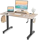 FEZIBO Kurbel höhenverstellbarer Schreibtisch, 140 x 60 cm manueller Stehschreibtisch, Schreib Tisch mit Griff, Home Office Schreibtisch mit Schwarzer Rahmen/Eiche Grau Tischplatte