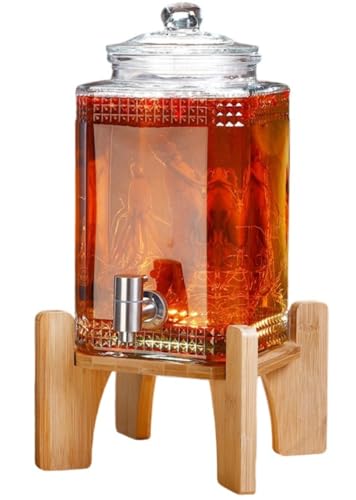 HeartTrend 飲料水差し ガラス 3L/5L/7.5L/10L 冷水差し ドリンク水差し 冷水差し ケトルタップ付き 大容量 プラム 赤ワイン ジュース ビール フルーツジャー 保存容器 密封 (5L,ステンレス製の蛇口+竹ベース)
