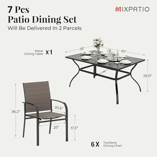 Image of MIXPATIO Patio Table and Chairs Set, Patio Dining Set for 6 with Brown Chairs and Metal Rectangular Table for Deck Backyard Lawn Poolside