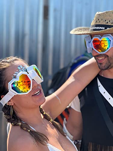 Heart Shaped Sunglasses Fashion Ski Goggles Oversize Love Glasses For Women Men With Gradient Lens Fun Eyewear Eyeglass (White/Colorful Mirrored Lens) #TOP3