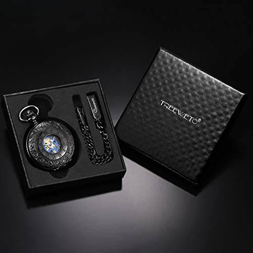 Treeweto Men's Mechanical Skeleton Pocket Watch For Mens Women Blue Roman Numerals Dial Black Double Case Pocket Watches #TOP6
