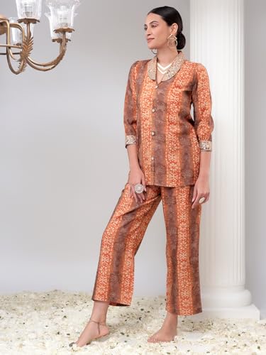 Image of Bani Women Printed Co-ord Set, Shirt and Trouser Set 2 Piece Outfit, 3 /4 Sleeves V Neck Collor with Mirror Work, Coord Sets for Womens,Western Dress, Stylish Design for All Occasions