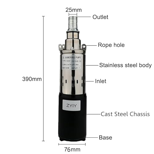 Zyiy 260W Stainless Steel Water Pump Deep Well Pump 24V Dc Solar Submersible Well Pump 3Inch Tube Stainless Steel Shell Deep Well Pumps 1Inch Outlet Lift 53M Agricultural Irrigation Garden Home #TOP3