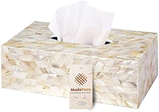 Handmade Tissue Box Cover Holder | Mother of Pearl Inlay Wooden Tissue Paper Box Napkin Dispenser Organizer for Kitchen, Bathroom and Office (Rectangular)