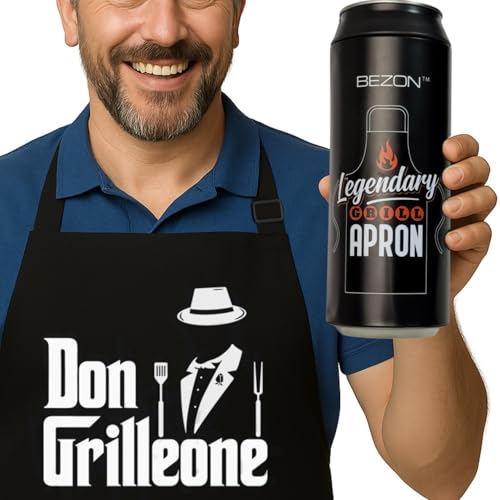 BEZON Funny Grill Apron for Men – Beer Can Style Packaging – Heavy-Duty Water-Resistant Cotton Canvas – Don Grilleone