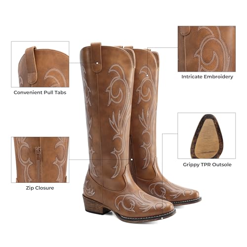 DREAM PAIRS Womens Cowboy Boots Comfortable Cowgirl Knee High Boots Pull On Side Zipper Chunky Heel Embroidered Western Boots2