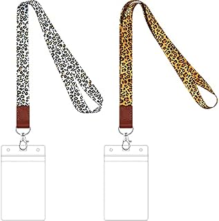 2 Sets Leopard Print Lanyard with Card Holder, Keychain Lanyard Neck Strap ID Badge Lanyard Key Holder Vertical Clear ID Card Holders for Kids Women