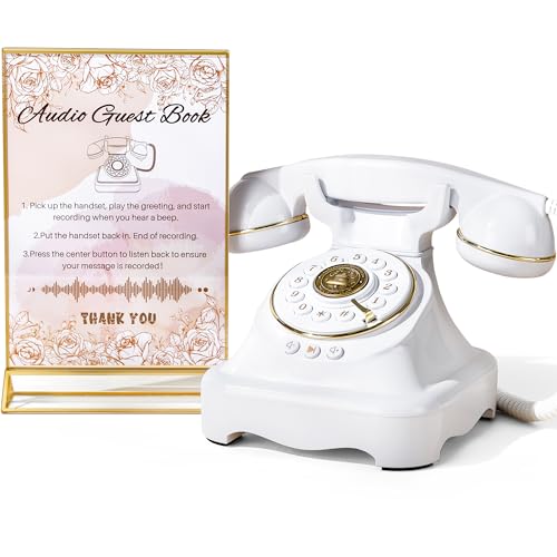 FiayaCom Audio Guest Book Wedding Phone with One-Touch Playback & Adjustable Volume for Wedding Anniversary Birthday Parties Tattle Phone for Classroom(White+Sign)