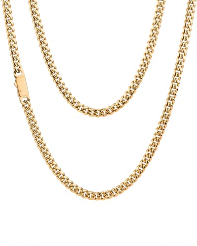 Flixar Cuban Link Chain for Men 5mm 18K Gold Plated 20 Inch Necklace for Men, 316L Stainless Steel Miami Curb Chain, Durable Waterproof Hip Hop Jewelry Gift for Him, Everyday Wear