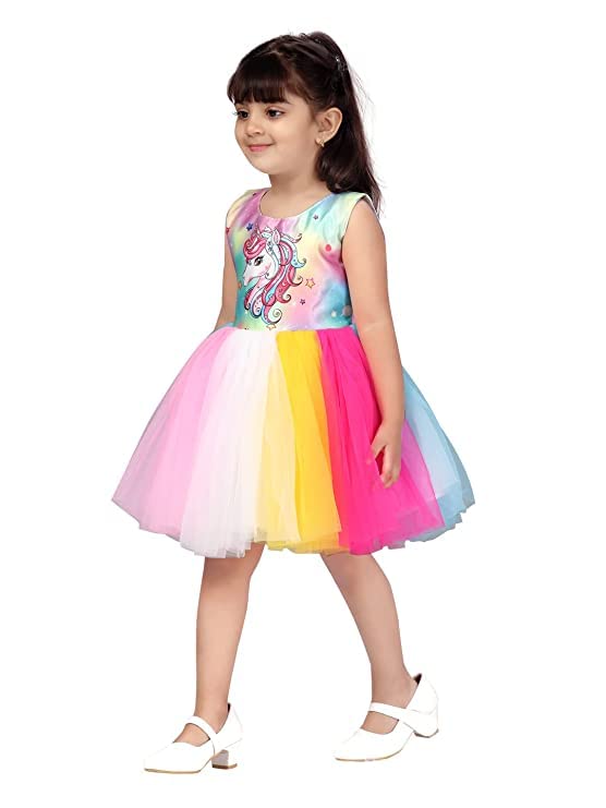 Image of Unicorn Printed Multicolors Frock in Net for Girls Kids-