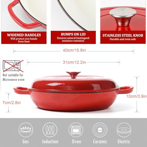 Winsoyya Cast Iron Dutch Oven with Lid, Enameled Cookware Pan with Dual Handles, Heavy Duty Ceramic Cookware, Non-Stick Ovenproof Porcelain Surface Casserole Dish for Bread Baking, Cooking (31cm,Red)