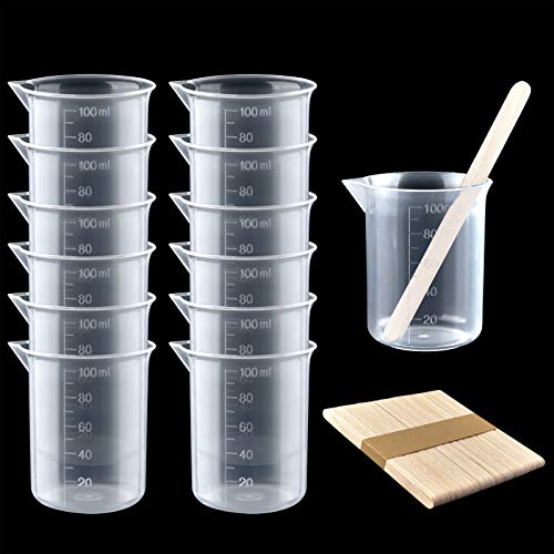 Coopay 12 Pack 100ml 3.4oz Plastic Beakers Epoxy Mixing Cups, Plastic Graduated Cups Clear Multipurpose Measuring Cups with 50 Pack Wooden Stirring Sticks for Resin, Epoxy, Stain, Mixing Paint