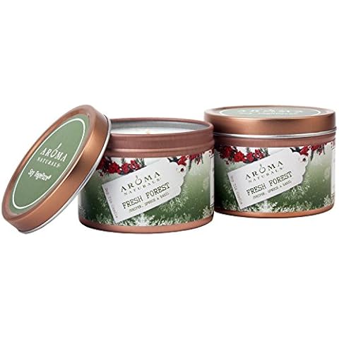 Aroma Naturals Tin Candle Soy Essential Oil with Juniper, Spruce and Basil, Natural Evergreen Holiday, 2 Count (23494) Cover