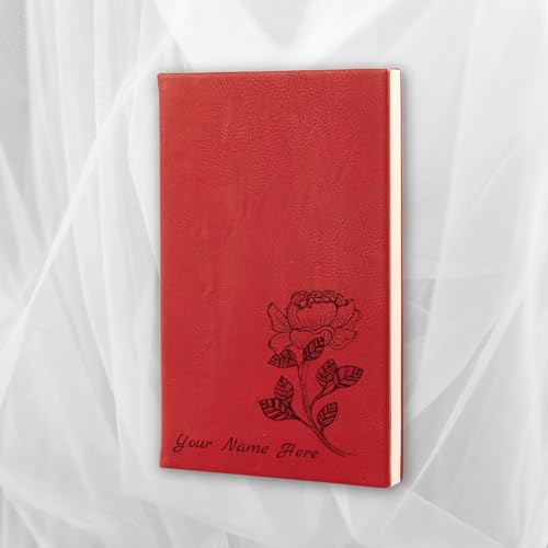 Personalized Gift Hardcover Leather Journal, Diary, Sketchbook, Notebook, custom cover original art birthflower 12 design, custom laser engraved text, 7 colors (Red, Lined or Blank)