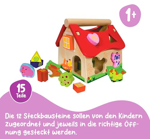 Eichhorn 100002098 Holz Steckhaus, 15-teiliges Haus aus Kiefernholz, mit 12 Steck-Bausteinen, Motorikspielzeug für Kinder ab 1 Jahr, Größe: 18 x 17,5 x 18 cm