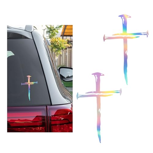 Image of DXNQ 2PCS Car Cross of Nails Sticker, Bumper Christian Sign Cross with Nails Decal, Removable Waterproof Sticker for Car Truck Window Motorcycle Helmet Laptop, Car Accessories (Colorful)