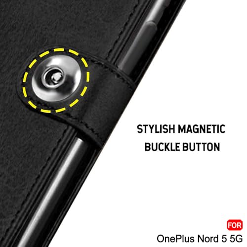 Image of TheGiftKart heGiftKart Genuine Leather Finish Flip Back Cover Case for OnePlus Nord 5 5G | Inbuilt Pockets & Stand | Wallet Style | Designer Button Magnet Flip Back Cover Case (Faux Leather, Black)