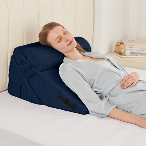 Image of Sasttie Wedge Pillow Set for After Surgery, 2PCS Adjustable Bed Wedge Pillow Headboard with Memory Foam Neck Cushion - for Acid Reflux, Sleeping, Neck & Back Support, Navy