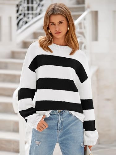 PRETTYGARDEN Womens 2024 Oversized Lantern Long Sleeve Striped Sweaters Fall Casual Crewneck Loose Chunky Knit Pullover Tops2