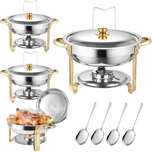 AUUCFW Chafing Dish Buffet Set 4.5 Liter Stainless Steel Buffet Set Round Catering Warmer with Lid Water Tray Holder Fuel Rack Lid Shelf Spoon for Any Party(4 Pcs)