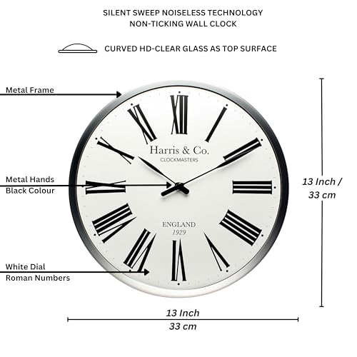 HARRIS & CO. CLOCKMASTERS Premium Luxury Wall Clock Luxury Roman Design - 13 inch (Metal Frame & Curved Glass)(Silent Sweep Noiseless Technology) Model-Abbey Road