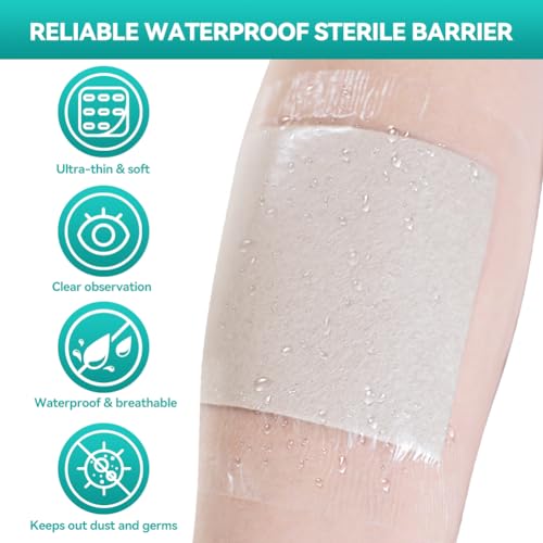 Image of Dimora Waterproof Transparent Film Dressing, Clear Bandage Tape for Wound Care, Adhesive Post Surgical Cover Pad,for IV Shield, Tattoo Aftercare, Shower Protector 4x4 3 /4 inch 100 Packs