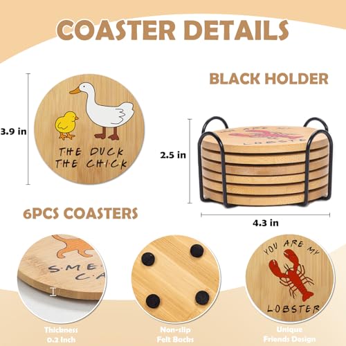 Friends Merchandise Coasters for Drink, TV Show Merch Gifts for Fans, Housewarming Presents for Friends, Kitchen Decor Wooden Set with Holder, 6 Piece