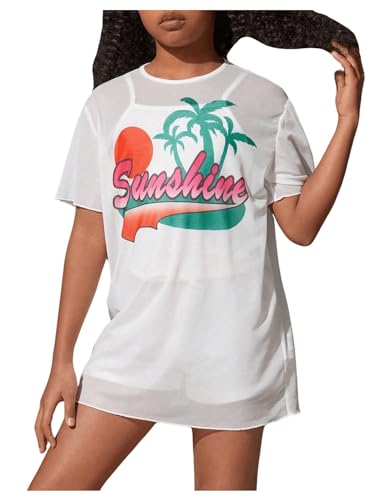 Image of SweatyRocks Girl's Tropical Print Cover Up Short Sleeve Swimsuit Cover up Beach Dress