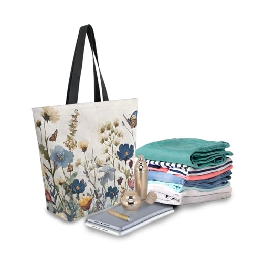Extra Large Shoulder Tote Bag for Beach Travel Weekender Gym Vintage Wildflowers Butterfly Yellow Blue Watercolor Reusable Grocery Canvas Shopping Bag3