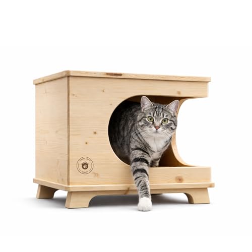 Deerke Living Quality Katzenhaus aus Echtholz – Handgefertigte Indoor Katzenhöhle mit Polster, 41x41x37 cm, Made in Germany