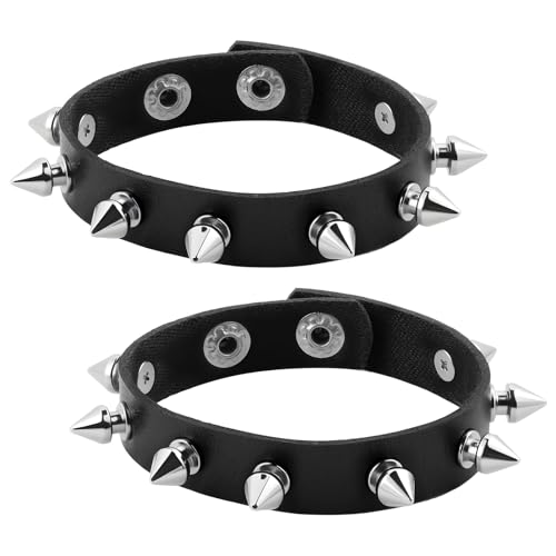 2 Stück Nietenarmband Schwarz Punk Rock Gothic Lederarmbänder Herren Damen Punk Leder Nietenarmband Gothic Metallnieten Schmuck Biker Armband Halloween Armbänder für Weihnachten Kostümparty Konzert