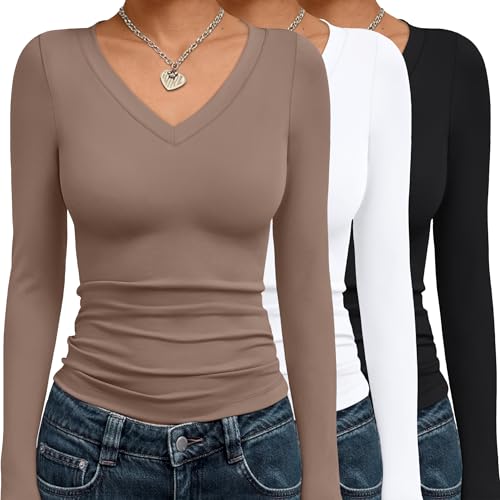 SUNBS 3 Pack Long Sleeve Shirts for Women Fall Fashion Outfits V Neck 2025 Basic Going Out Crop Tops Y2K Compression Clothes