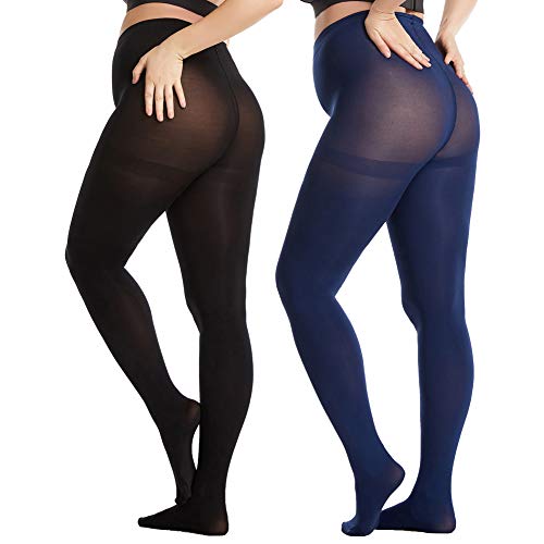 Thermal Tights Fleece lined - 2 Pack Premium Opaque Warm Leggings, Polainas Termicas, Idea for Women, Men, Girls (Black Navy Tights, L/XL)