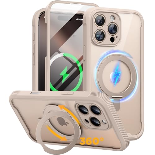 miracase for iPhone 16 Pro Case with 360° Magnetic Ring Stand [Compatible with Magsafe] Full-Body Drop Proof Bumper Phone Case with Built-in 11H Tempered Glass Screen Protector,Desert