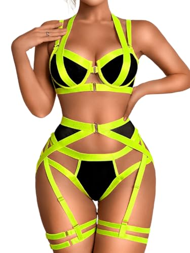 Kaei&Shi Sexy Lingerie For Women Garter Belt Thong Strappy Underwire Corset Exotic Stripper Glow In The Dark Party Set Black Mesh Neon Green Medium