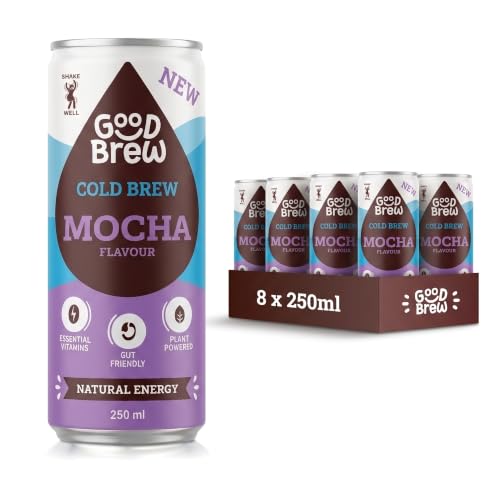 Image of GoodBrew Cold Brew Iced Mocha - Plant Based Oat Milk, Dairy Free - Low Sugar Iced Coffee Cans - Gut-Friendly Prebiotic Fibre and Essential Vitamins - 8x 250ml Cold Coffee