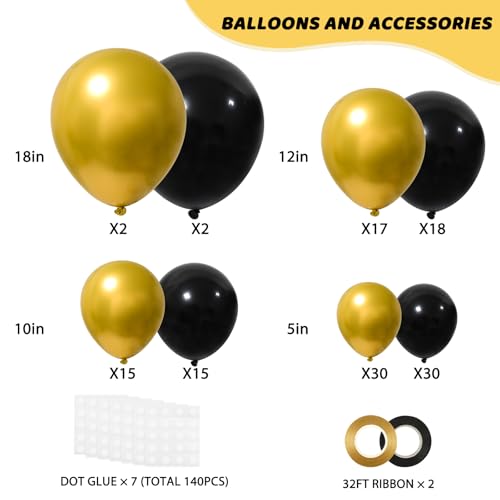 Image of RUBFAC Black and Gold Balloons 129pcs Different Sizes Pack of 18 12 10 5 Inch, Latex Balloon Garland Arch Kit for Party Graduation Wedding Holiday Happy Birthday Decoration