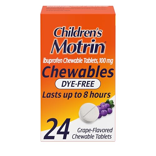 Motrin Childrens Dye-Free Chewable Tablets with Ibuprofen Kids Fever Reducer & Pain Reliever for Sore Throat Fever Toothache & Pain Relief Grape Flavor 24 Ct