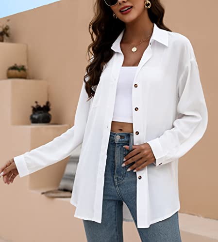 Kylelove Women Oversized Button Down Shirts Dressy Casual Long Sleeve Work Blouses Loose Fit Summer Tops White #TOP6