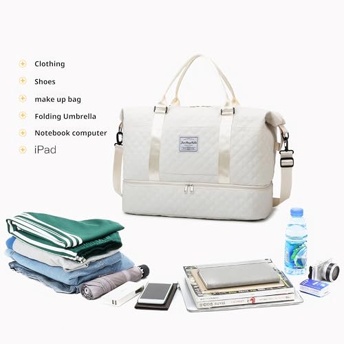 Travel Duffle Bag,Weekender Bags for Women with Shoe Compartment，Carry on Overnight Bag with Toiletry Bag,Gym Duffel Bag with Wet Pocket, Hospital Bags for Labor and Delivery (Beige-Large-3 Pcs)3