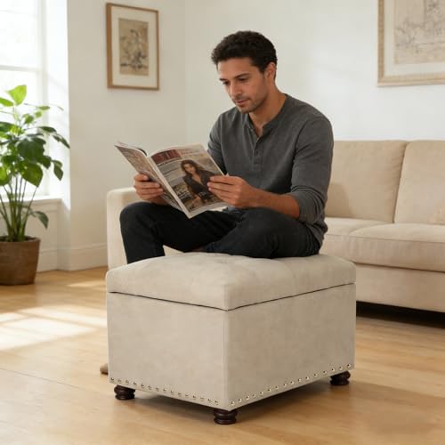 Banco otomano de tela Joveco arcon rectangular beige para almacenamiento 6