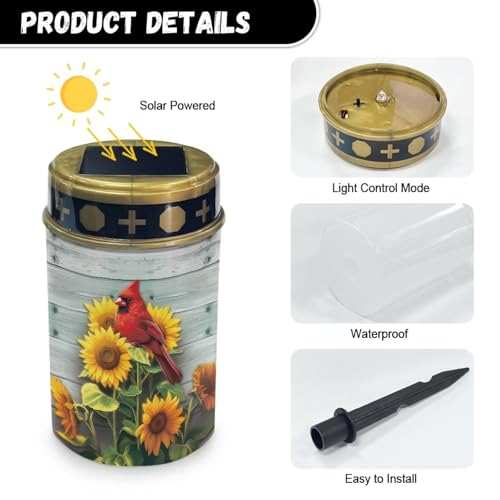 Image of Poceacles Cardinal Sunflower Wood Grain Solar Lights Outdoor Solar Powered Outdoor Cemetery Stake Candle Grave Solar Lamp Landscape Lighting Waterproof Grave Flameless Candle, Pack of 4