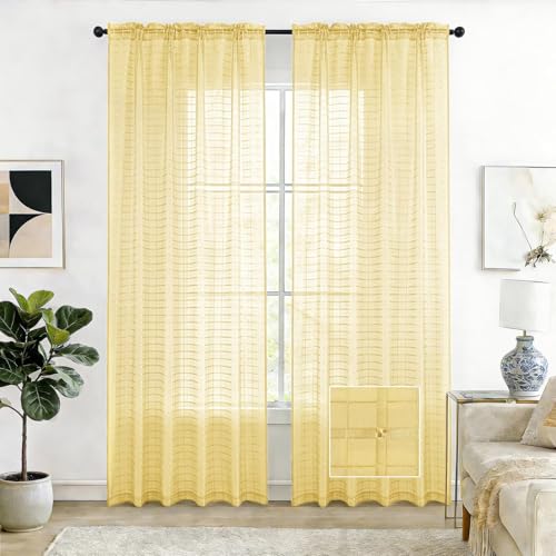 SpaceDresser Check Sheer Curtains 96 Inches Long for Living Room, Rod Pocket Plaid Semi Sheer Drapes for Kitchen Bedroom（Yellow, 52W x 96L）