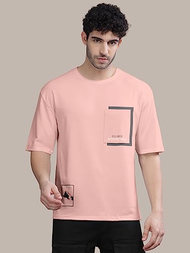 Image of BULLMER Peach Trendy Front Printed oversized Round Neck T-shirt for men